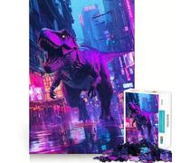 1000 Piece Puzzle For Adults T-Rex in Neon City Dinosaur Clean Cut Piece Thinking Skill Game Calm Time Fun Xmas Scene Art (50x75cm)