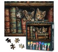 1000 Piece Puzzle for Adults - Three Curious Kittens Art Jigsaw | Naughty Kitten is on the Bookshelf Puzzles 1000 Pieces for Adults Design for Stress Relief & Family Game Night 27.5" x 19.6"/70*50cm
