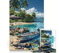 1000 Piece Puzzle For Adults Tropical Beach with Boat And Hut Clean Cut Piece Thinking Skill Game Calm Time Fun Xmas Scene Art(38x26cm)