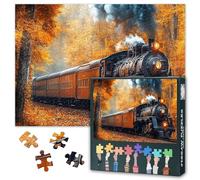 1000 Piece Puzzle for Adults, Vintage Steam Train Journey Through Vibrant Autumn Forest with Golden Leaves Landscape, Premium Jigsaw Puzzles, 27.5x19.7 in