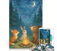 1000 Piece Puzzle For Adults Watercolor Illustration of Three Animals at Campfire Under Night Sky Family Games Train Your Brain And Hands Deal As Gifts for The Whole Family 50x75cm