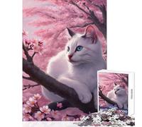 1000 Piece Puzzle For Adults White Cat in Cherry Blossom Tree Home Decoration Toys Secret Santa Gifts Practical Game Train Your Brain And Hands Size 38x26cm
