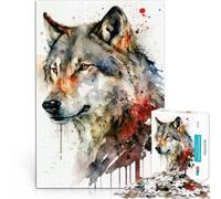 1000 Piece Puzzle For Adults Wolf Portrait Watercolor Handgeschwindigkeitswettbewerb mit passendem Poster und Quizblatt75x50cm