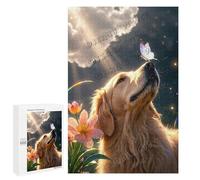 1000 Piece Puzzle for Dog Lovers - Golden Retriever with Butterfly - Wooden Jigsaw for Adults - Relaxing and Aesthetic Puzzle for Pet Fans and Nature Lovers
