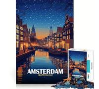 1000-piece Puzzle for Teenagers Amsterdam Netherlands Night Cityscape Exact Edge Art Brain Training Toy Cozy Time Game Christmas Art Display (50x75cm)