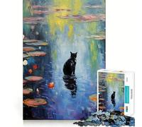 1000 Piece Puzzle For Teenagers BLACK Cat Monet WaterLily Smooth Joint Fun, Mind Game Gift, Restful Game Fun, Christmas Leisure Art (50x75cm)