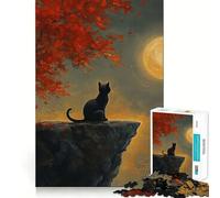 1000 Piece Puzzle For Teenagers Black Cat Under Full Moon Exact Cut Art, Brain Teasing Play, Relax Time Game, Christmas Leisure Art (38x26cm)