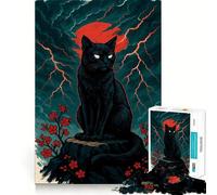 1000 Piece Puzzle For Teenagers Black Cat Under Red Moon Japan Style Smooth Joint Fun, Mind Game Gift, Restful Game Fun, Christmas Leisure Art (38x26cm)