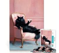 1000 Piece Puzzle For Teenagers Black Cat with Martini in Pink Chair Exact Cut Art, Brain Teasing Play, Relax Time Game, Christmas Leisure Art (38x26cm)