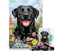 1000 Piece Puzzle For Teenagers Black Lab in Flowers Exact Cut Art, Brain Teasing Play, Relax Time Game, Christmas Leisure Art (50x75cm)