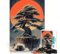1000 Piece Puzzle For Teenagers Bonsai Tree Under Red Moon Japanese Landscape Smooth Joint Fun, Mind Game Gift, Restful Game Fun, Christmas Leisure Art (38x26cm)
