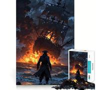 1000 Piece Puzzle For Teenagers Burning Ship And Pirate on Shore Exact Fit Game Mind Challenge Toy Calm Fun Time Xmas Scene Art (38x52cm)