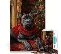 1000 Piece Puzzle For Teenagers Cane Corso in Festive Red Exact Fit Game Mind Challenge Toy Calm Fun Time Xmas Scene Art (38x26cm)
