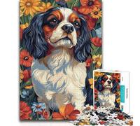 1000-piece Puzzle for Teenagers Cavalier King Charles Spaniel in Flowers) Wall Decoration Relax Games Suitable for Ages 14 And Up 38x26cm