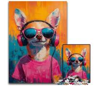 1000-piece Puzzle for Teenagers Chihuahua Listening to Music Wooden Jigsaw Puzzles for 14+ Difficult to Complete But Fun And Humorous Birthday Gift 50X75CM