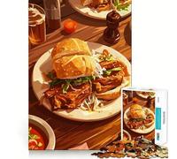1000 Piece Puzzle For Teenagers Delicious Burger Meal on Wooden Table Fine Cut Design Brain Game Gift Slow Time Fun Birthday Fun Play (50x75cm)