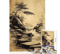 1000 Piece Puzzle For Teenagers Ink Drawing of Stepping Stones Waterfall Practical Game Family Activities Home Decoration Toys Challenging To Complete (50x75cm)