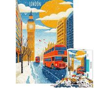 1000-piece Puzzle for Teenagers London Winter Scene with Red Buses Puzzles for Teenagers Difficult Challenge for Birthday, Chrismas Brainteaser Family Games (Size 38x52cm)