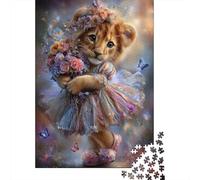 1000-piece Puzzle for Teenagers Magical Lion Cub in Floral Dress Puzzles for Adults Fun Games Perfect Decoration Birthday Present, Gifts, 38x26cm/1000pcs