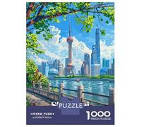 1000-piece Puzzle for Teenagers Shanghai China Cityscape Illustration Puzzles for Adults Relax Games Staycation Kill Time Challenging To Complete 38x26cm/1000pcs