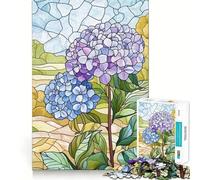 1000-piece Puzzle for Teenagers Stained Glass Hydrangeas Precise Cut Art Focus Fun Game Relax Play Time Birthday Fun Gift (38x52cm)