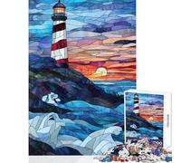 1000 Piece Puzzle For Teenagers Stained Glass Lighthouse Sunset Practical Game Family Activities Home Decoration Toys Challenging To Complete (38x52cm)
