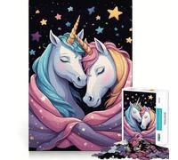 1000-piece Puzzle for Teenagers Two Unicorns Embracing in Starry Night Clean Edge Game Mental Focus Game Slow Play Fun Birthday Fun Gift(38x26cm)