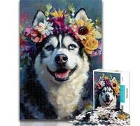 1000 Piece Puzzle Husky Wearing Flowers Jigsaw Puzzle 1000 Pieces for Teenagers,Educational Games Home Decoration Artists Collection, Fine Art 50x75cm