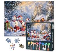 1000 Piece Puzzle Joyful Snowmen and Gift Jigsaw Puzzles Warm Cottage Jigsaw Puzzles Winter Art Puzzle Christmas Crafts for Adults Home Wall Decor for Office Smooth Edges Easy to Assemble(50.5x70.5cm)