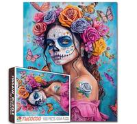 1000 Piece Puzzle Mexican Woman Sugar Skull Face Paint Colorful Roses Butterflies Hair Pink Dress Vibrant Background Dan Mumford Inspired Art for Adults Beginners Family Activity