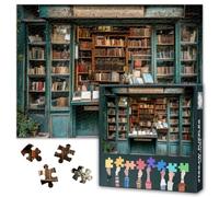 1000 Piece Puzzle Old Town Antique Blue and Geen Bookstore Street Frontage | size 50X70cm, dust-free, durable cardboard, smooth snap-fit pieces, family night games, back letters hints A-H sections