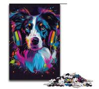 1000 Piece Puzzles DJ Neon Border Collie Jigsaw Puzzles for Adults Wood Jigsaw Family Game 1000 PCS(38x26cm)