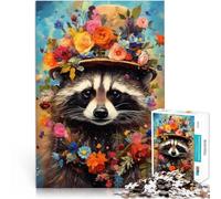 1000 Piece Puzzles for Adults “Raccoon in Floral Top hat” Made of wood，Suitable for ages 14 and up Family Games Secret Santa Gifts。size：50x75cm/14.96x20.47inch