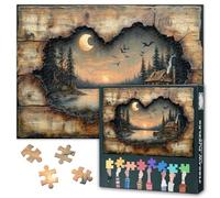 1000 Piece Puzzles for Adults, Rustic Wooden Frame Reveals a Moonlit Forest Scene with a Cabin on The Lakeshore Jigsaw Puzzle, Moon Puzzles 1000 Pieces Party Gift Toy for Adults Seniors, 20x27 Inches