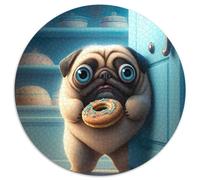 1000 Piece Round Jigsaw Pug Stealing Donuts Puzzles for Adults Interactive Family Game, DIY Home Decor, Challenging Brain Teaser Gift (67.5x67.5cm)