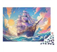 1000-Piece Sailing Ship Jigsaw Puzzle with Purple Sails and Waves | 70x50cm Tall ship at sea, Layered pastel clouds, Turquoise wave patterns, At-home puzzling project, Three size options