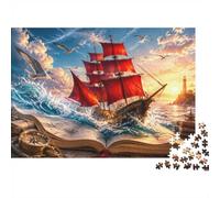 1000-Piece Sailing Ship Jigsaw Puzzle with Red Sails, Seabirds and | 52x38cm Open-water adventure, dramatic waves, warm sunset sky, detailed tabletop challenge, three size options