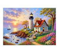 1000 Piece Scenic Puzzle for Adults - Lighthouse Ocean Sunset Landscape Jigsaw with Sailboat & Cottage, Fall Autumn Seaside Puzzles for Adults, 28x20 Inch