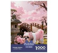 1000 Piece Shih Tzu Jigsaw Puzzle for Adults & Kids - Family-Friendly Brain Teaser, Cherry Blossom Tree Jigsaws, Home Decoration Unique Gift 38x26cm/1000pcs