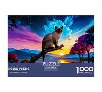 1000 Piece Siamese Cat Jigsaw Puzzle for Adults Kids - Challenging & Brainteasing, Sunset Lakeside Jigsaws, Decoration Unique Gift 38x26cm/1000pcs
