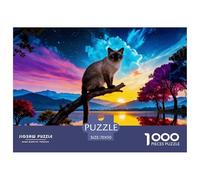 1000 Piece Siamese Cat Jigsaw Puzzle for Adults Kids - Challenging & Brainteasing, Sunset Lakeside Puzzle, Home Decoration Unique Gift 70x50cm/1000pcs