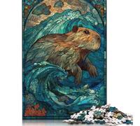 1000 Piece Stained Glass Capybara Waves Square Puzzle for Adults, Wooden Puzzles Puzzle Hands-on Game 1000pcs (75x50cm)