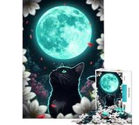 1000 Piece Teenager Puzzles Black Cat Gazing at Moon Fun at Home Activities, Pattern Assembly Relax Games for And from 14 Years And over (38X52CM)