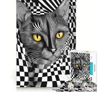 1000 Piece Teenager Puzzles Black Cat with Checkered Background, Educational Games, Train Your Brain And Hands, Artists Collection, Fine Art 38x26cm