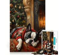 1000 Piece Teenager Puzzles Boston Terrier in Sweater by Fireplace Painting Smooth Joint Fun Mind Training Fun Casual Game Time Xmas Art Display (38x26cm)