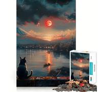 1000 Piece Teenager Puzzles Cat Watching Sunset Over Japan Tight Fit Play Smart Brain Activity Chill Play Time Birthday Activity (50x75cm)