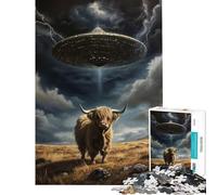 1000 Piece Teenager Puzzles Highland Cow UFO Abduction Fun at Home Activities, Pattern Assembly Relax Games for And from 14 Years And over (50X75CM)