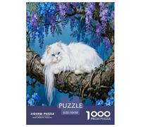 1000 Piece Turkish Angora Cat Jigsaw Puzzle for Adults Kids - Family Fun, Family Happy Game, Purple Blue Flowers Puzzle, Decoration Unique Gift 70x50cm/1000pcs