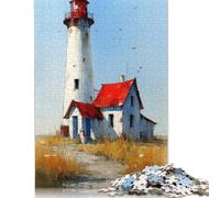 1000 Piece Watercolor Lighthouse with Red Roof House Square Puzzle for Adults, Paper Puzzles Puzzle Hands-on Game 38x26cm/1000pcs