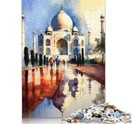 1000 Piece Watercolor Taj Mahal Square Puzzle for Adults Wooden Puzzles Educational Puzzle Family Game 1000pcs (75x50cm)